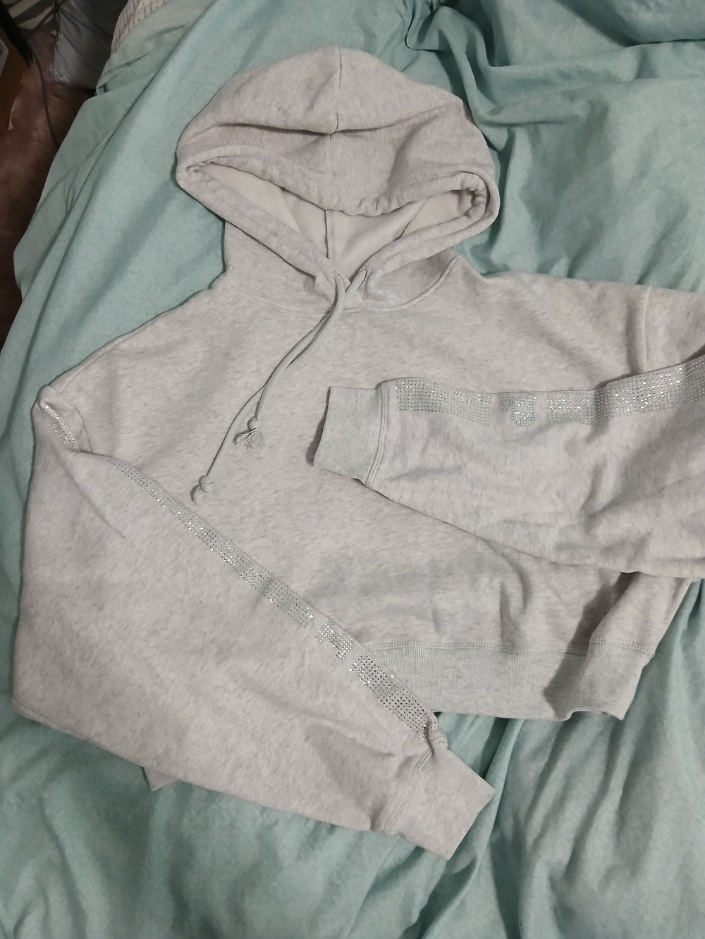 PINK Victoria's Secret Light Gray Cropped Hoodie with Rhinestone Sleeve Detail